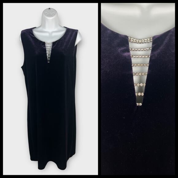 David Wayne Dark Purple Sleeveless Velvet Rhinestone V-Neck Shift Dress Size 12 - Picture 1 of 5